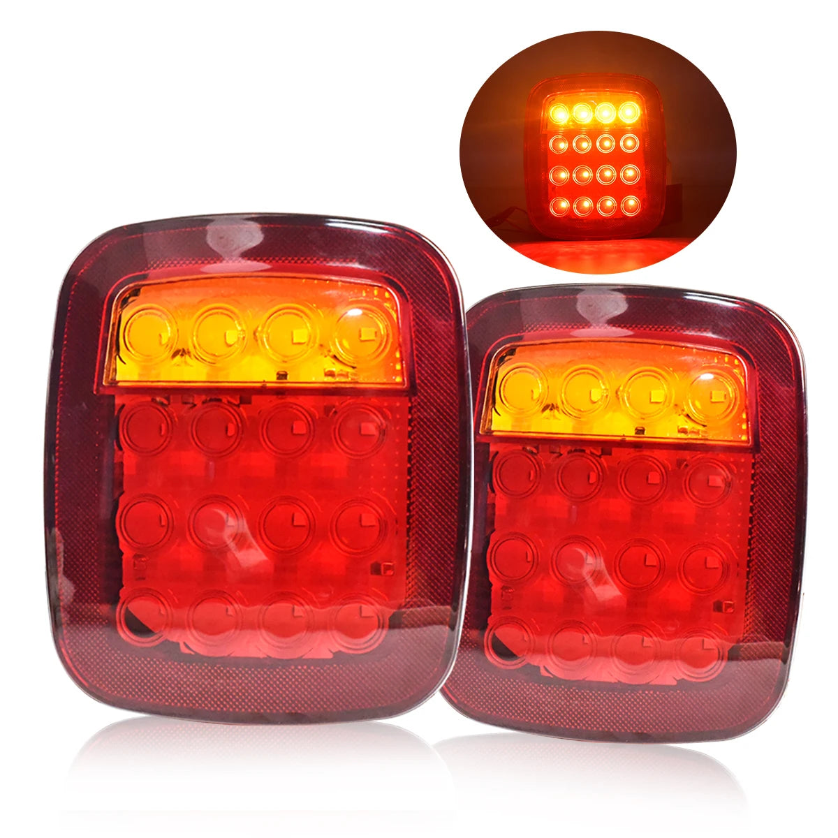 A pair of dual high-brightness truck tail lights, one red and one amber, shown with a close-up view.