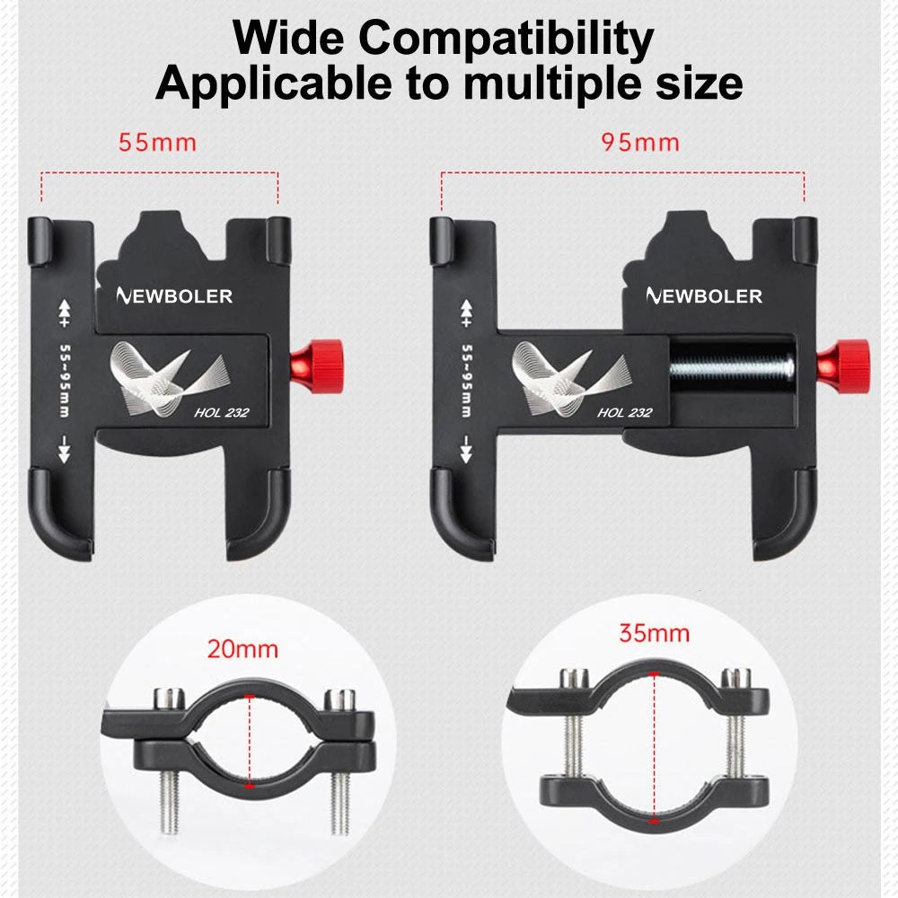 A set of adjustable aluminum phone mounts for various sizes, including 55mm and 95mm options.