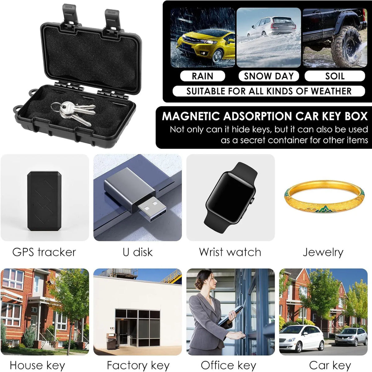 Boîte magnétique noire avec clés et accessoires variés, trackers GPS, disques USB, montres, bijoux, etc.