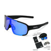 A pair of blue polarized sports goggles with a black frame and storage bag accessories.