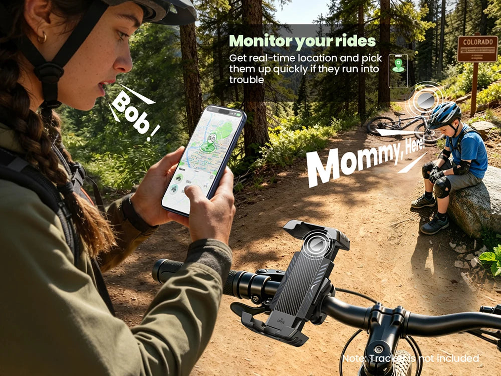 A woman monitors her bike ride using a phone app while a camera-mounted tracker is attached to the bicycle.