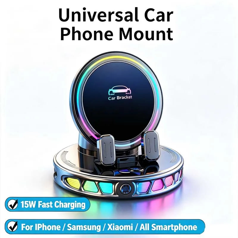 A circular car phone mount with an integrated bracket and colorful RGB lighting, designed for various smartphones.