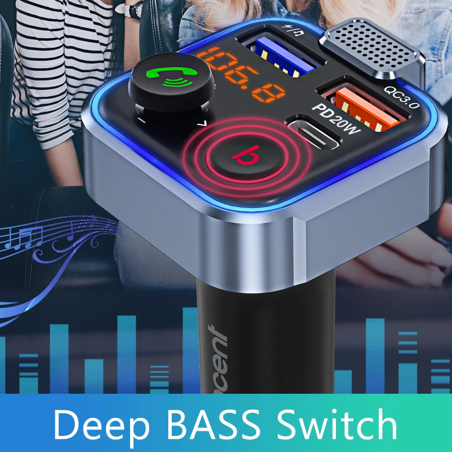 A close-up of a silver Bluetooth car audio transmitter with a black charging port and a Deep BASS Switch feature.
