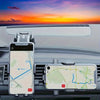 A smartphone is mounted on a car dashboard, displaying a map, with a foldable phone mount visible nearby.