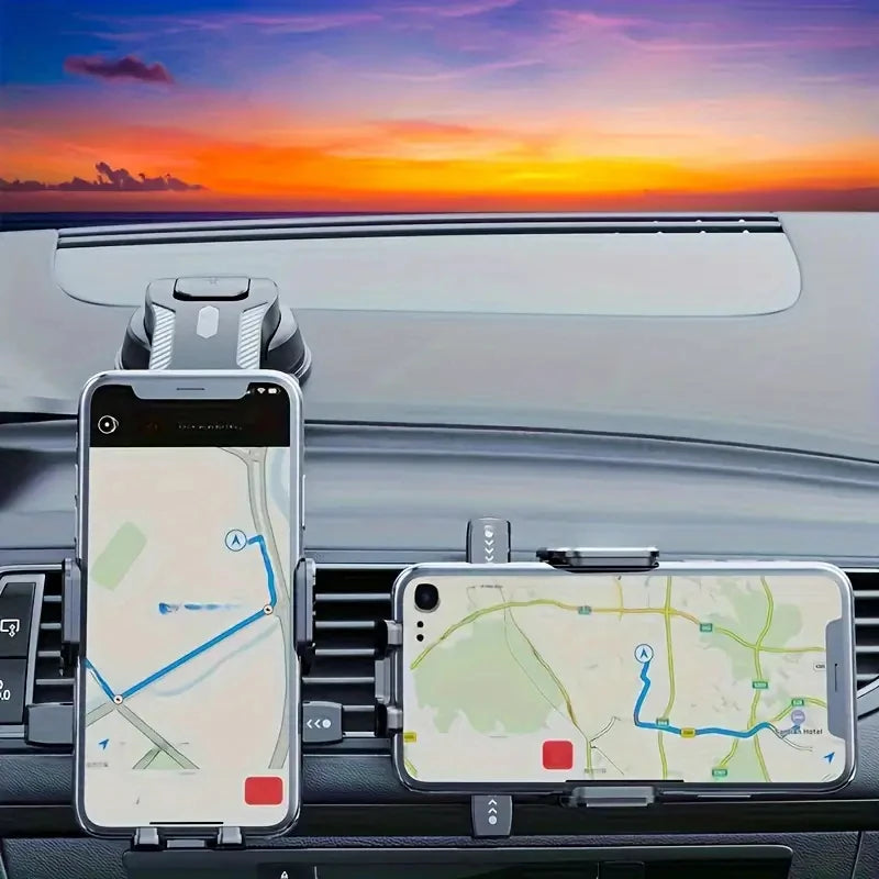 A smartphone is mounted on a car dashboard, displaying a map, with a foldable phone mount visible nearby.