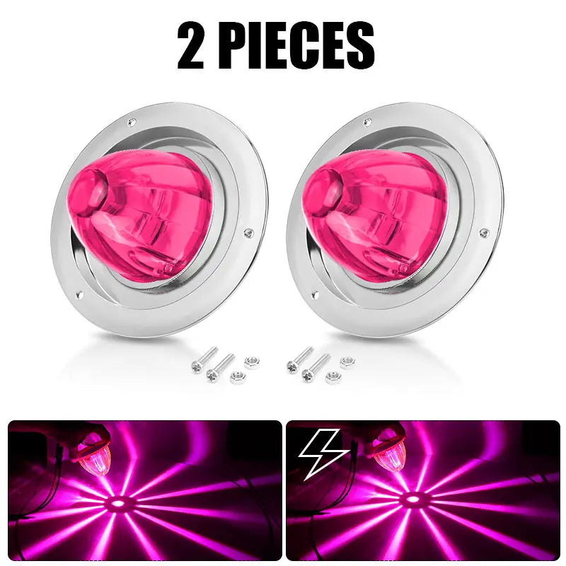 Two pieces of heavy duty LED marker strobe lights with pink lenses and silver housing.