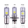 Three motorcycle headlight bulbs labeled BA20D, H4, and P15D displayed side by side.