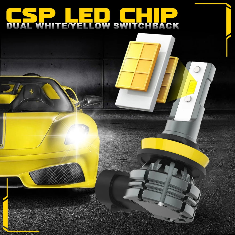 A yellow sports car with an installed dual white/yellow LED chip switchback fog light assembly.