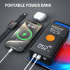 A portable power bank device is shown next to a smartphone and a smartwatch, demonstrating its use for charging or boosting p