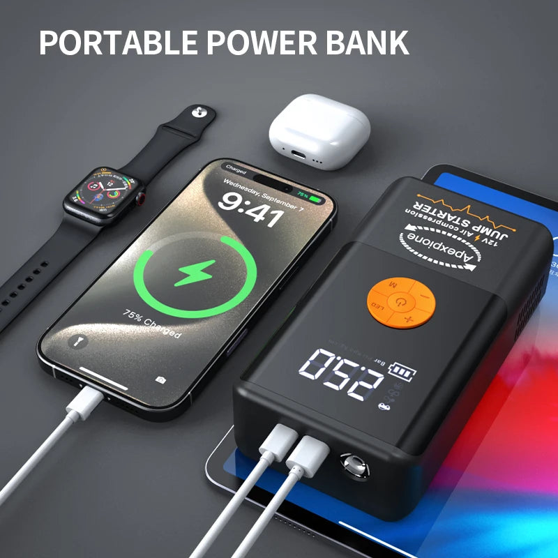 A portable power bank device is shown next to a smartphone and a smartwatch, demonstrating its use for charging or boosting p