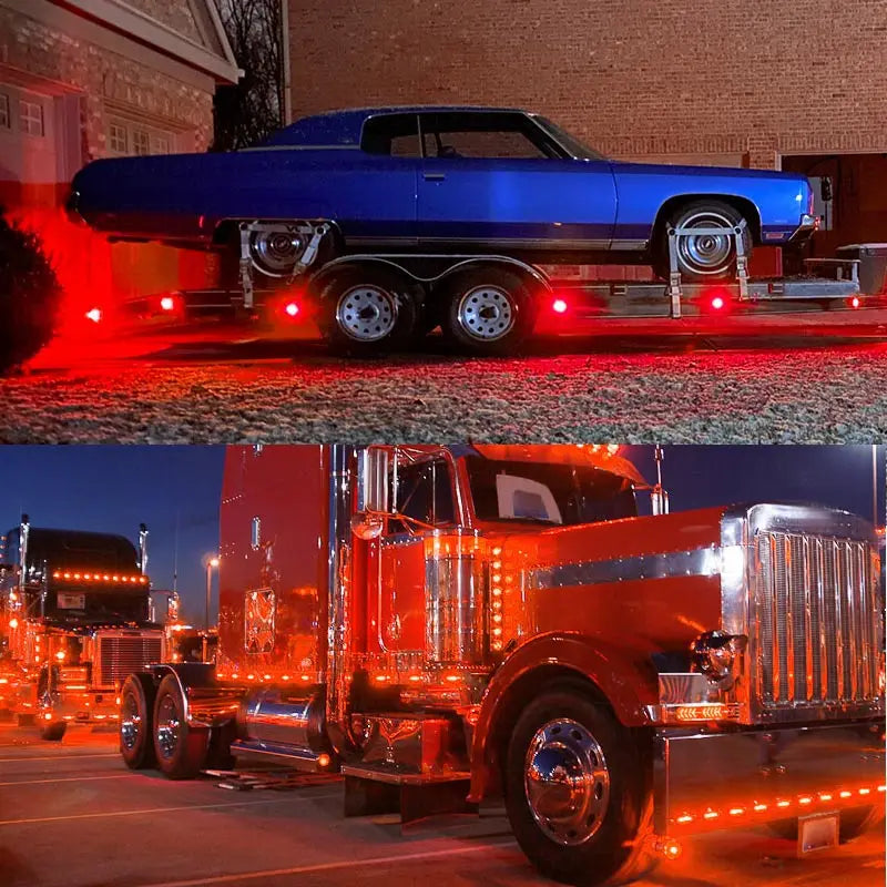 A blue muscle car with red LED flashing lights is shown next to a large red semi-truck with illuminated LED lights.