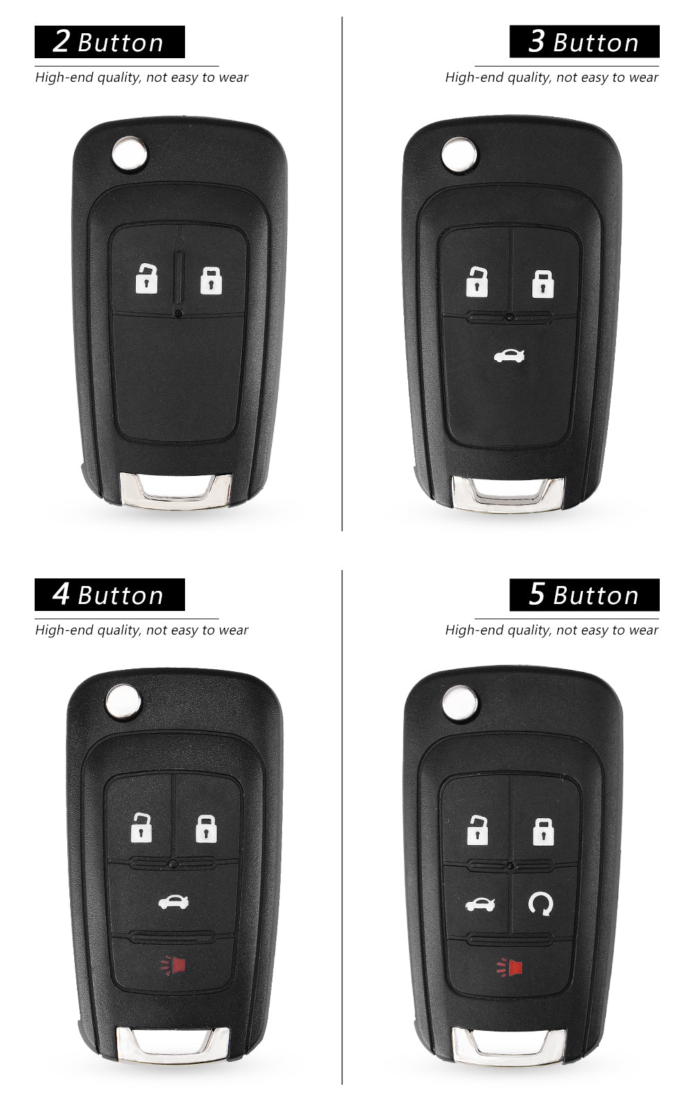 Five variations of a black flip remote car key with different button configurations