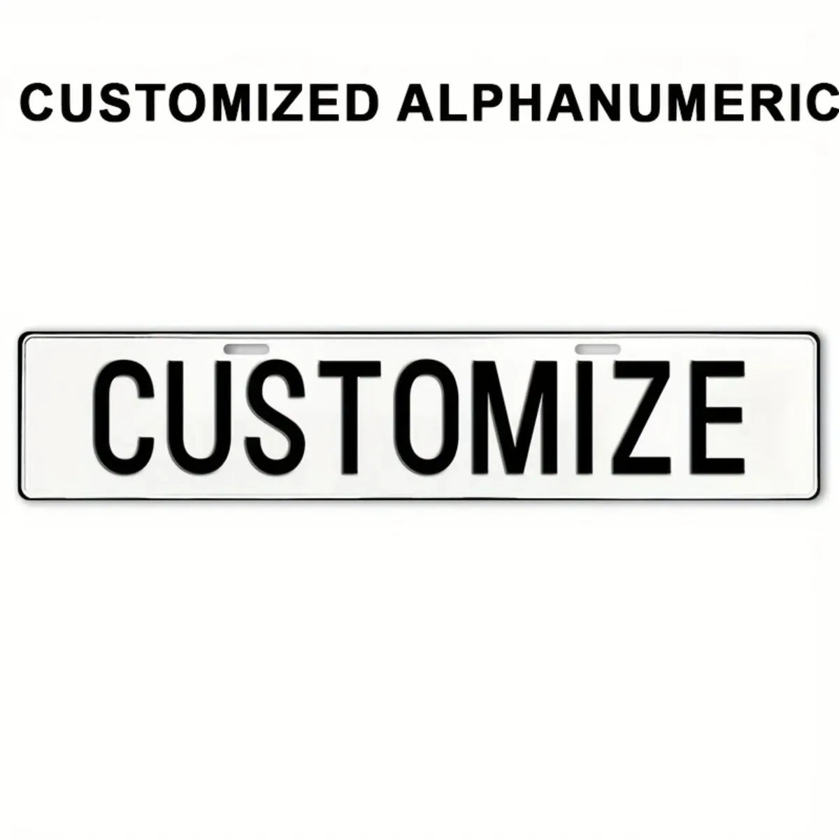 A white metal license plate with the word CUSTOMIZE engraved on it.