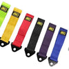 A set of five heavy-duty bumper tow hooks with colored ropes for vehicle recovery.