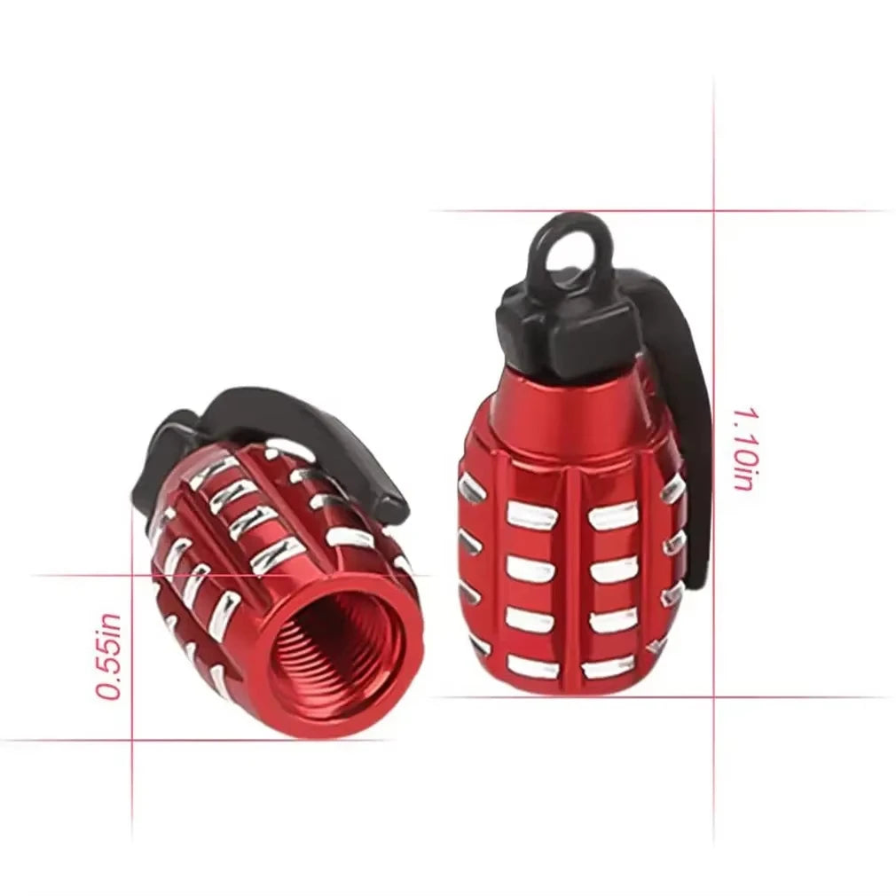 A set of red and black aluminum tire valve caps shown with dimensions.