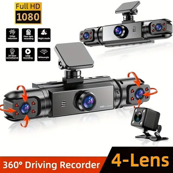 A black 4-lens dash cam is shown with various features like HD recording and night vision capabilities.