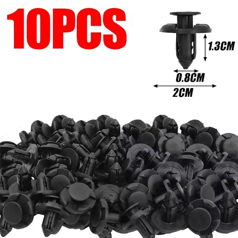 A pile of black 10 pieces of 8mm plastic bumper clips for automotive use.