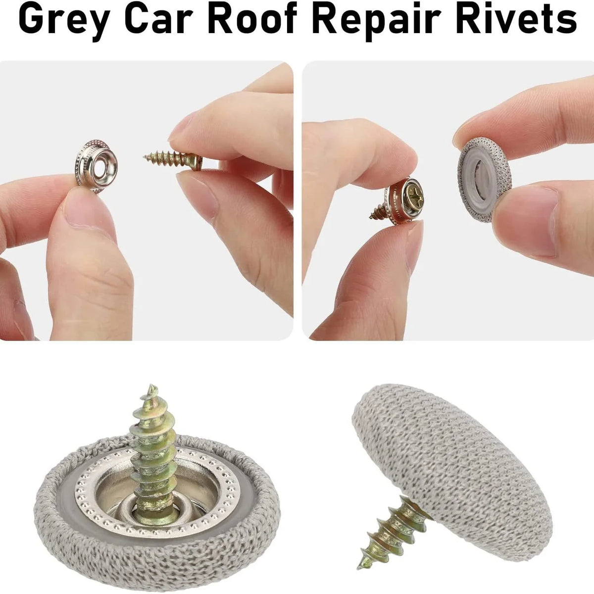 A collection of grey car roof repair rivets and fasteners for auto headliner work.