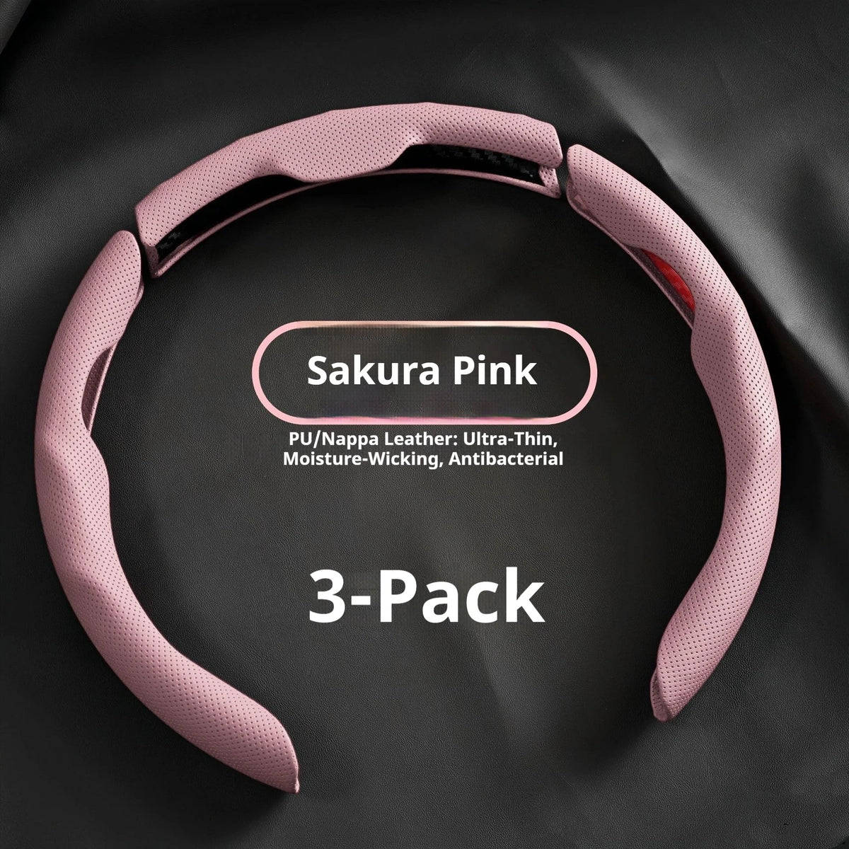 A 3-pack of Sakura Pink PU/Nappa Leather Ultra-Thin moisture-wicking antibacterial steering wheel cover.