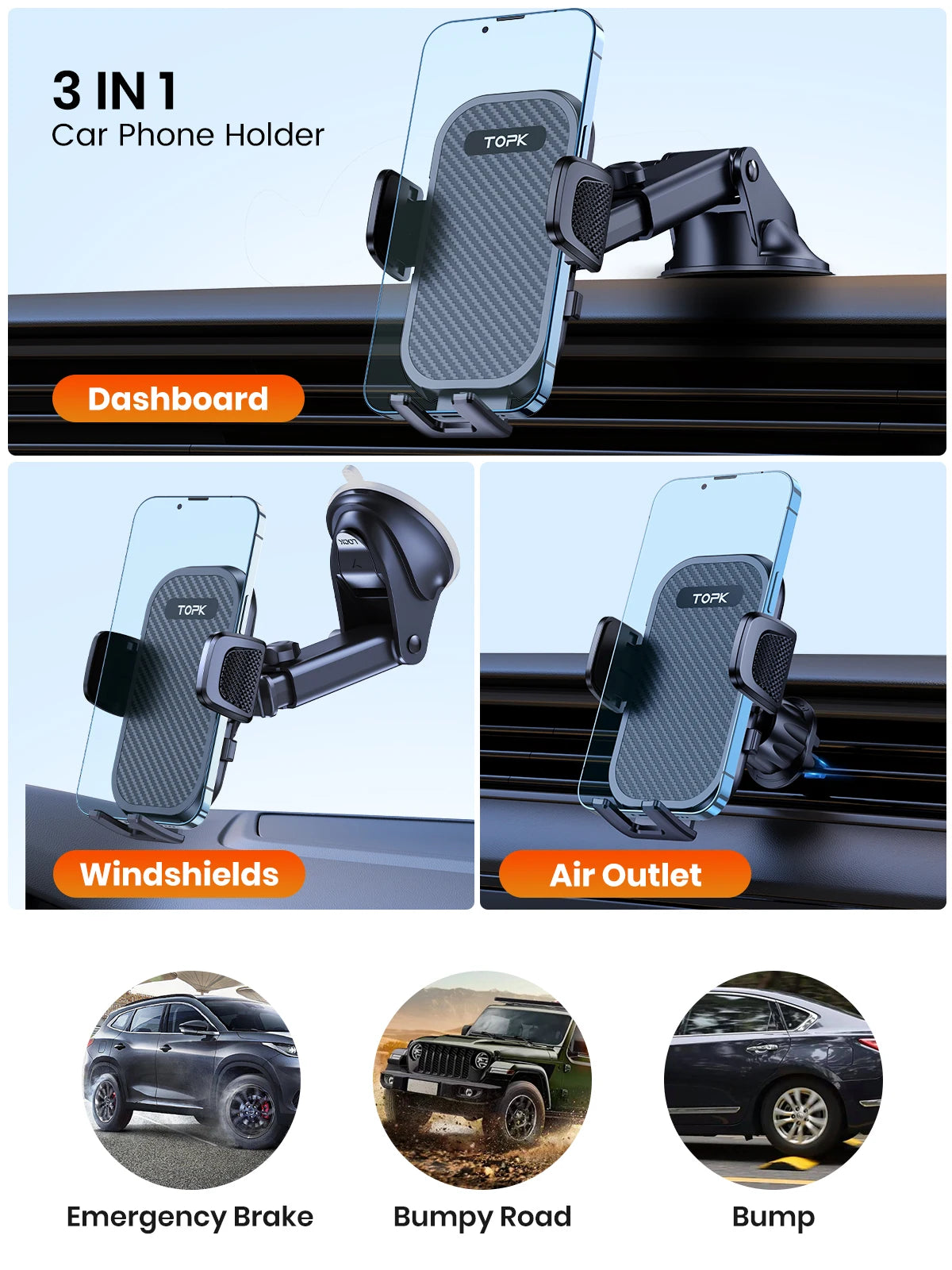 A 3-in-1 car phone holder featuring a transparent cover for dashboard and windshield mounting, designed for emergency brake, 