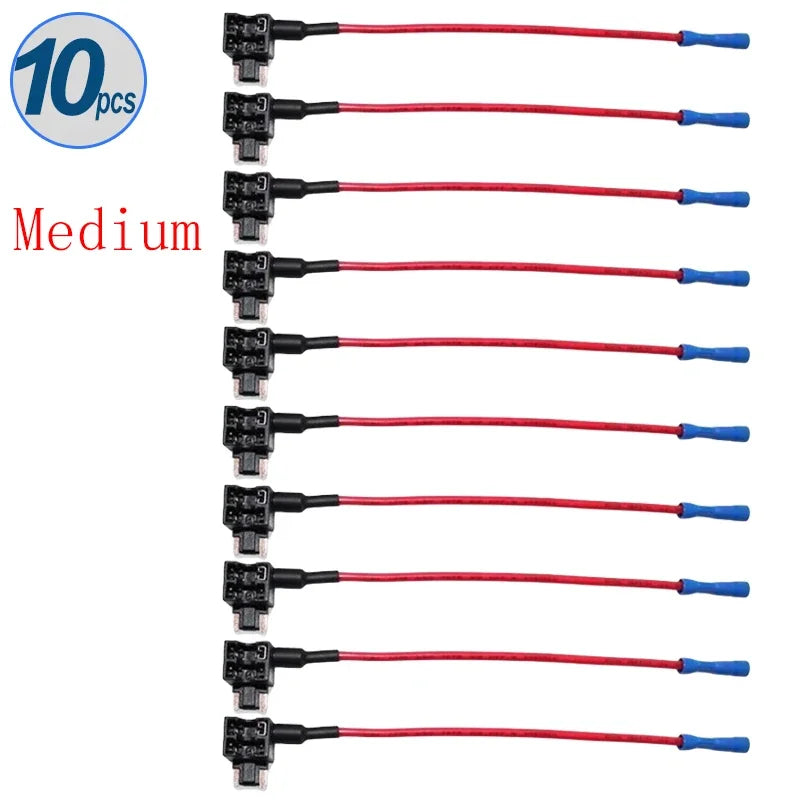 Ten automotive fuse adapter splitters shown in various lengths and colors