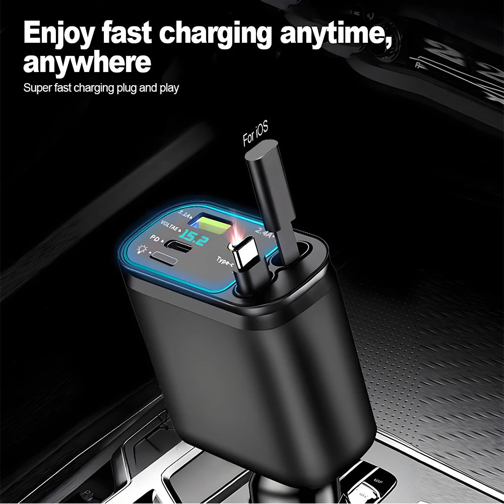 A black retractable car charger with a digital voltage display is shown plugged into a vehicle's power outlet.