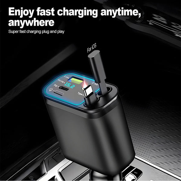 A black retractable car charger with a digital voltage display is shown plugged into a vehicle's power outlet.