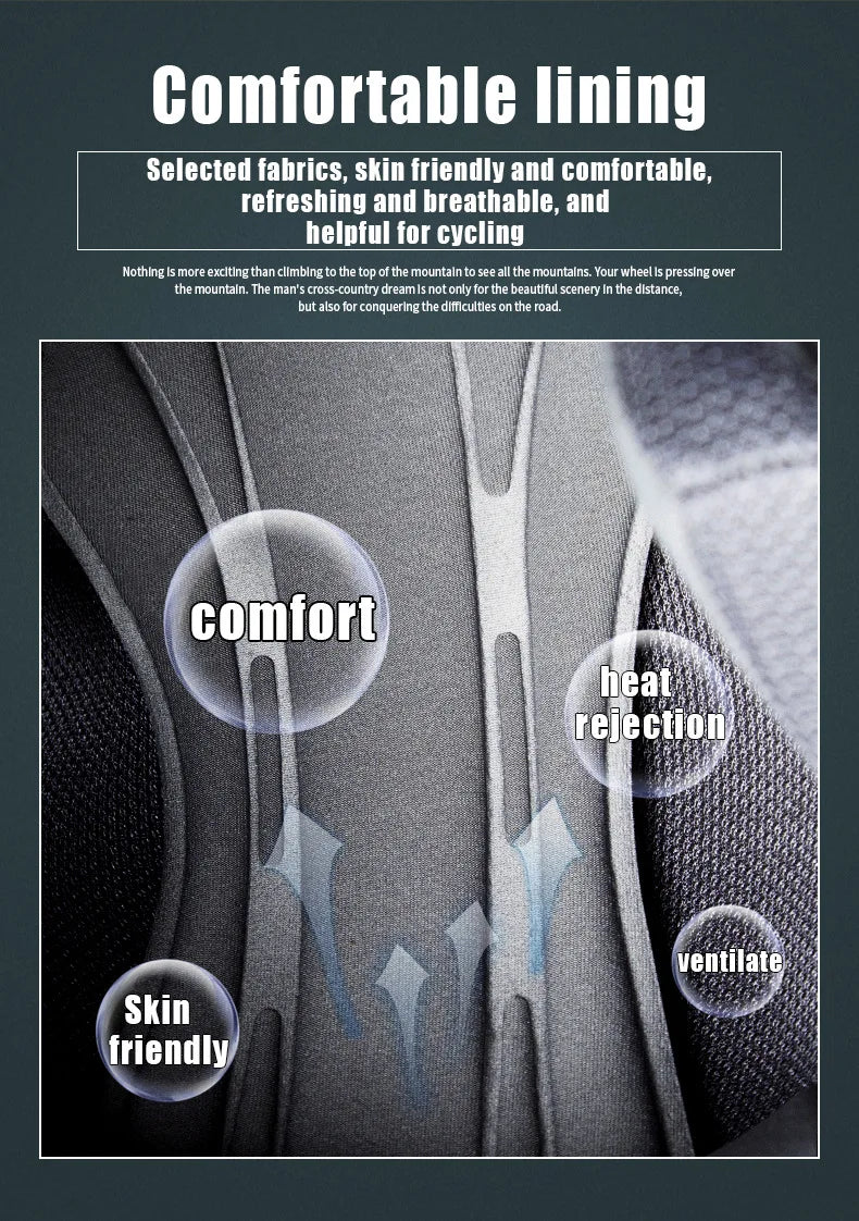 Close-up of a helmet lining showing features like comfort, skin friendly materials, heat rejection, and ventilation.
