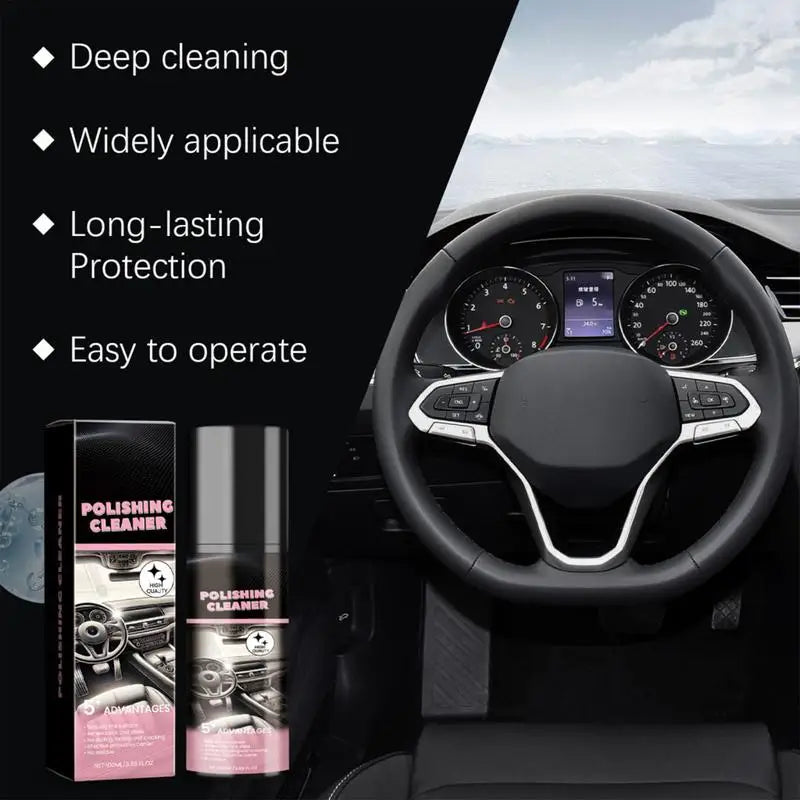 Bouteille de nettoyant pour polissage à côté d'un volant de voiture, montrant des fonctionnalités de nettoyage en profondeur 