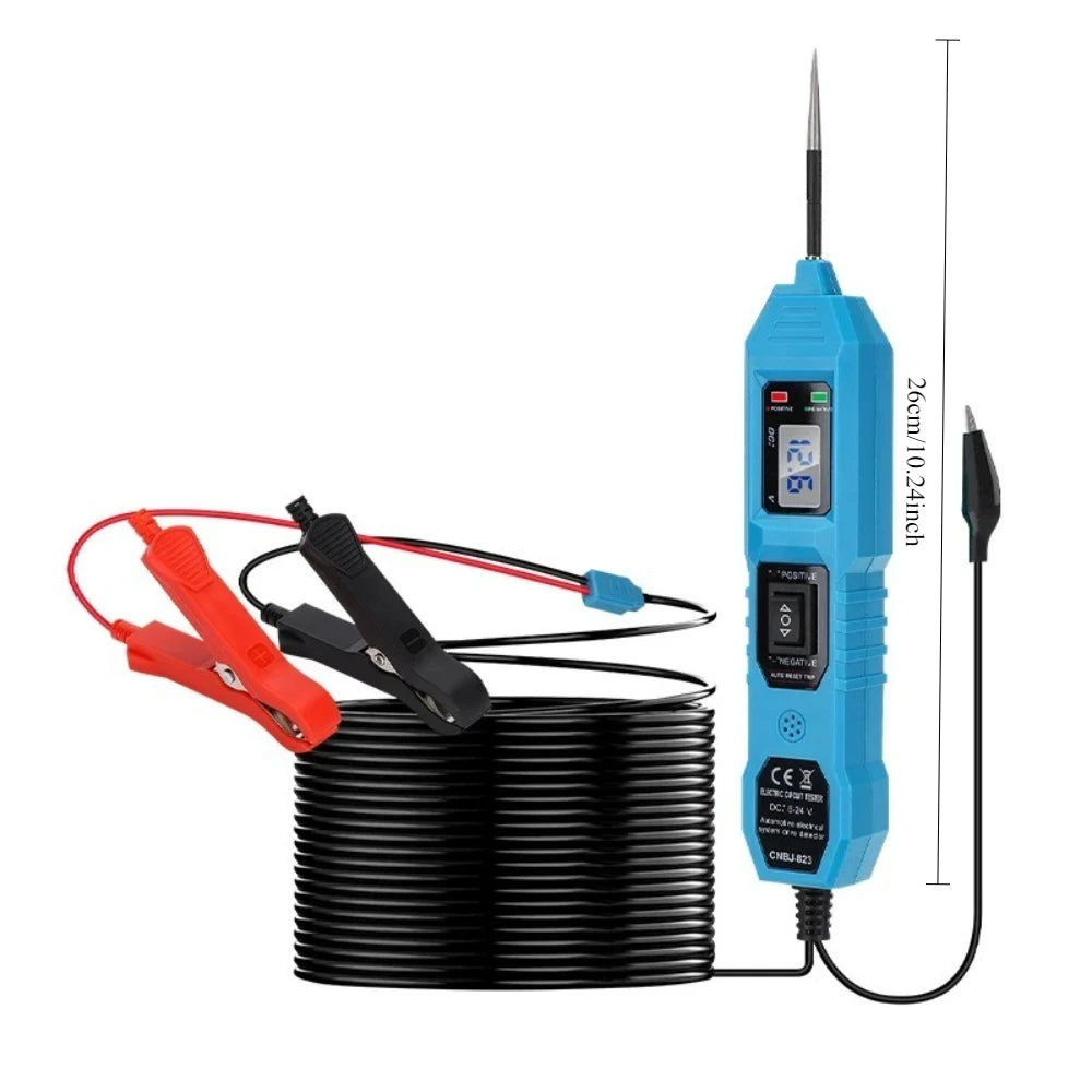 A blue automotive voltage circuit tester kit with a probe and a black cable is shown next to a coil of black wire.
