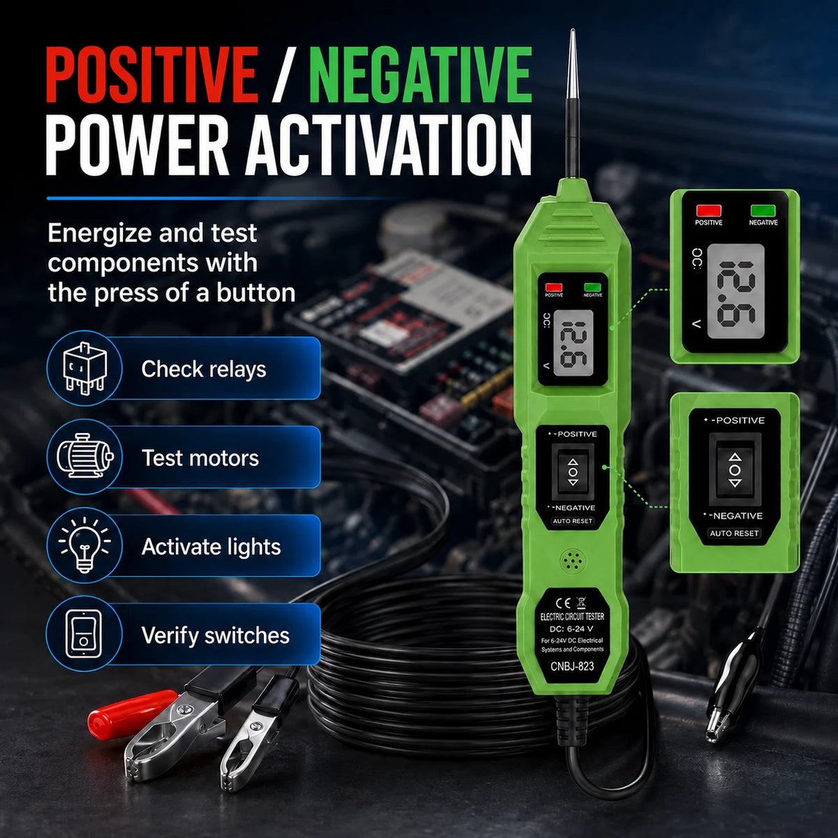 A green portable car circuit tester device with an LED voltage display and probes is shown next to various electrical compone