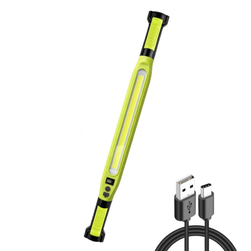 A long, yellow and black magnetic rechargeable work light with a flexible cord is shown.