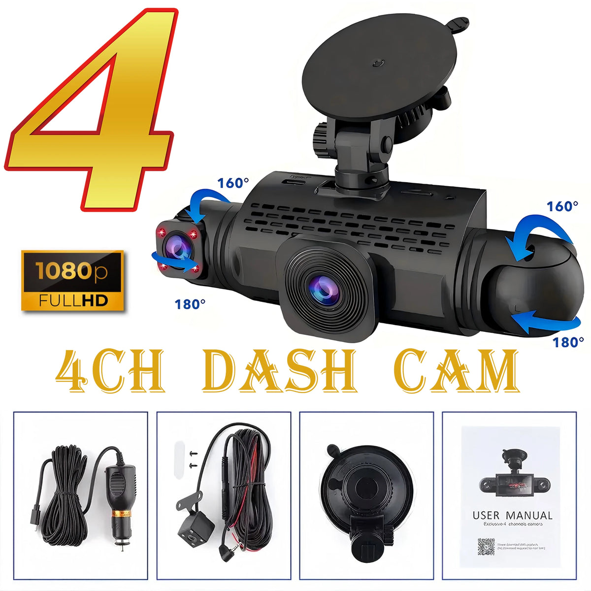 A black 4CH dash cam is shown with various components including cables and the main camera unit.