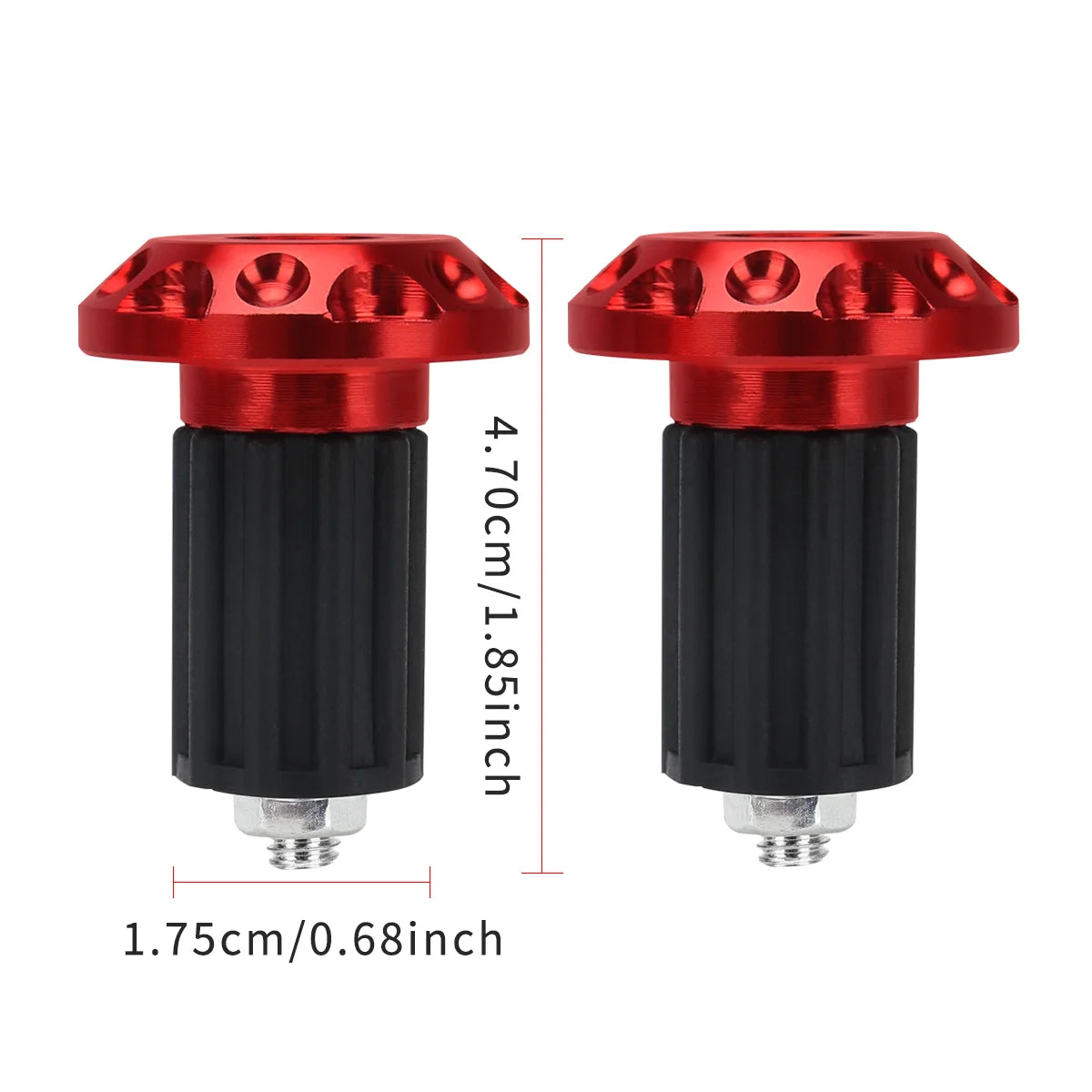 A pair of red motorcycle handle bar plug grips with black cylindrical bodies and silver threaded ends.
