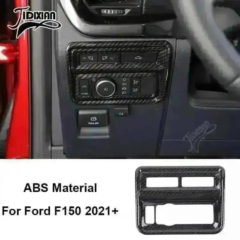 Carbon fiber grain interior trim kit for Ford F150 2021-2024 featuring an aftermarket switch panel.