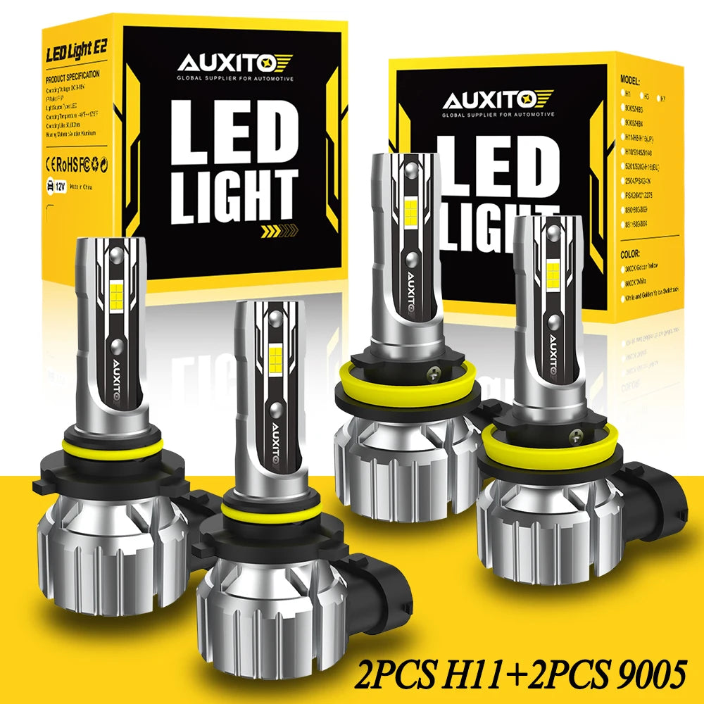 Two sets of LED light bulbs for vehicle fog and driving lights packaged in boxes and displayed on a yellow background