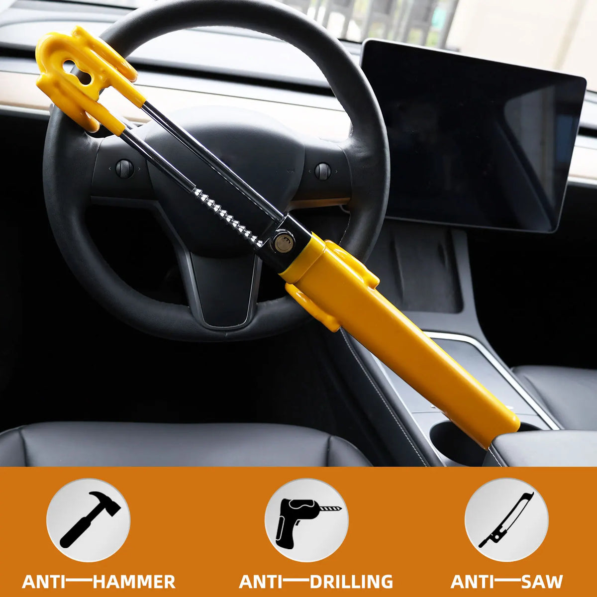 Yellow heavy duty adjustable steering wheel lock tool shown on a car steering wheel.