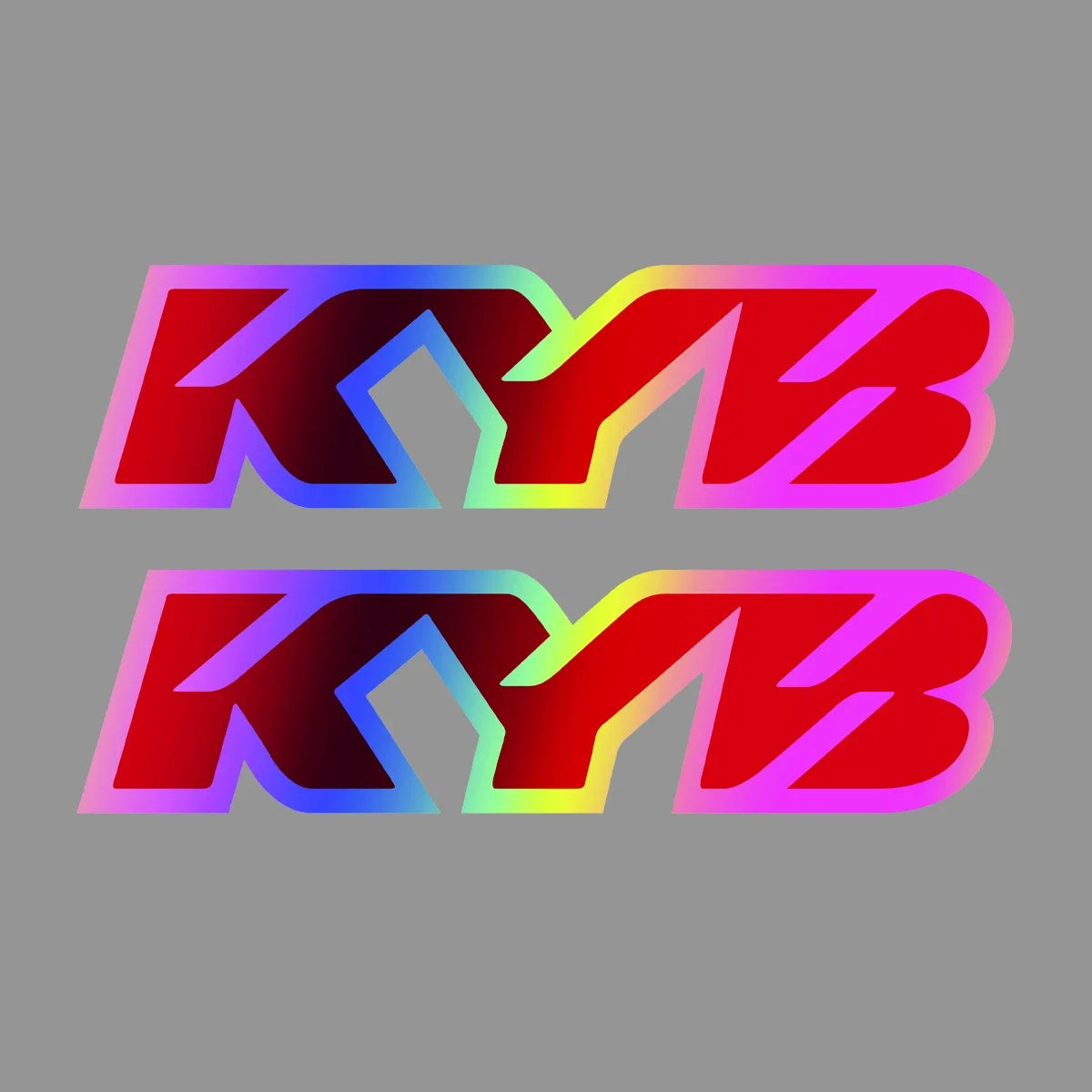A graphic design featuring the letters KYB in a vibrant rainbow gradient of red, orange, yellow, green, blue, and purple.