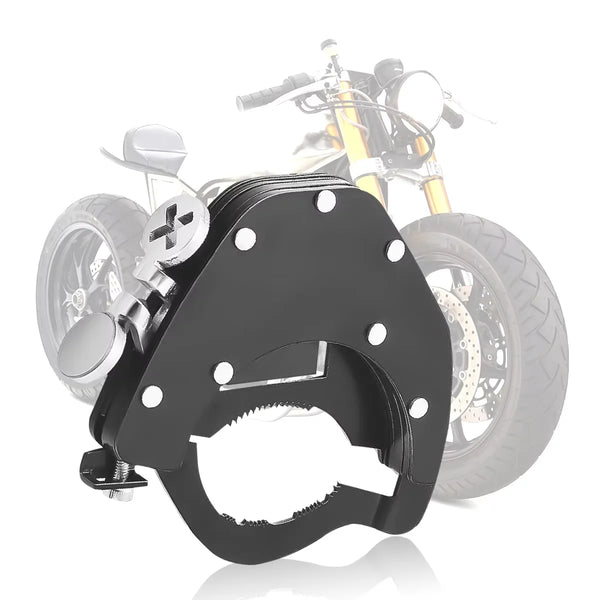 Black motorcycle cruise control throttle grip retainer mounted on a motorcycle handlebar.
