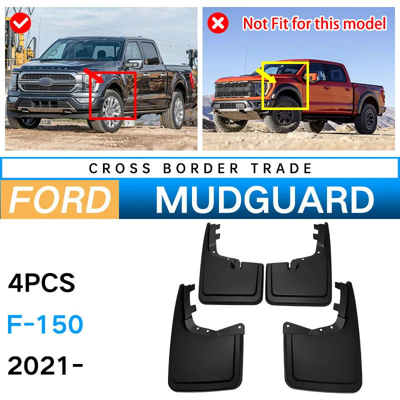 Four black mud guards for a Ford F-150 truck.