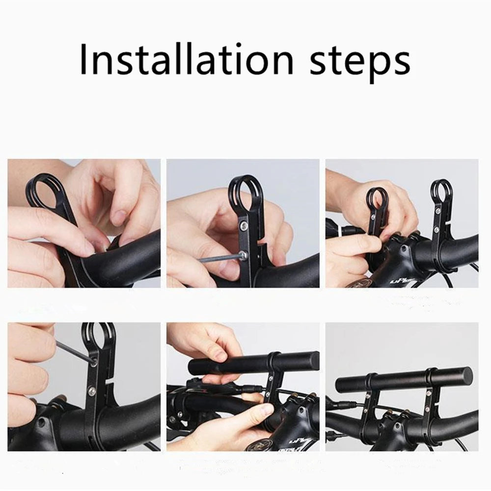 Installationsschritte zur Montage eines verstellbaren Fahrradlenker-Adaptermounts.