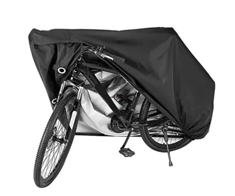 Black all-weather bicycle cover with a lock hole shown folded over a bicycle frame