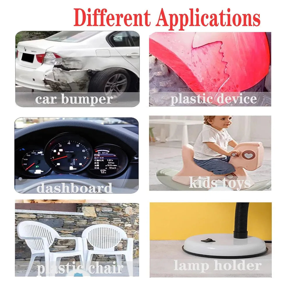 Various applications of a 50W plastic welder kit including car bumper repair, household fixes, and lamp holder.