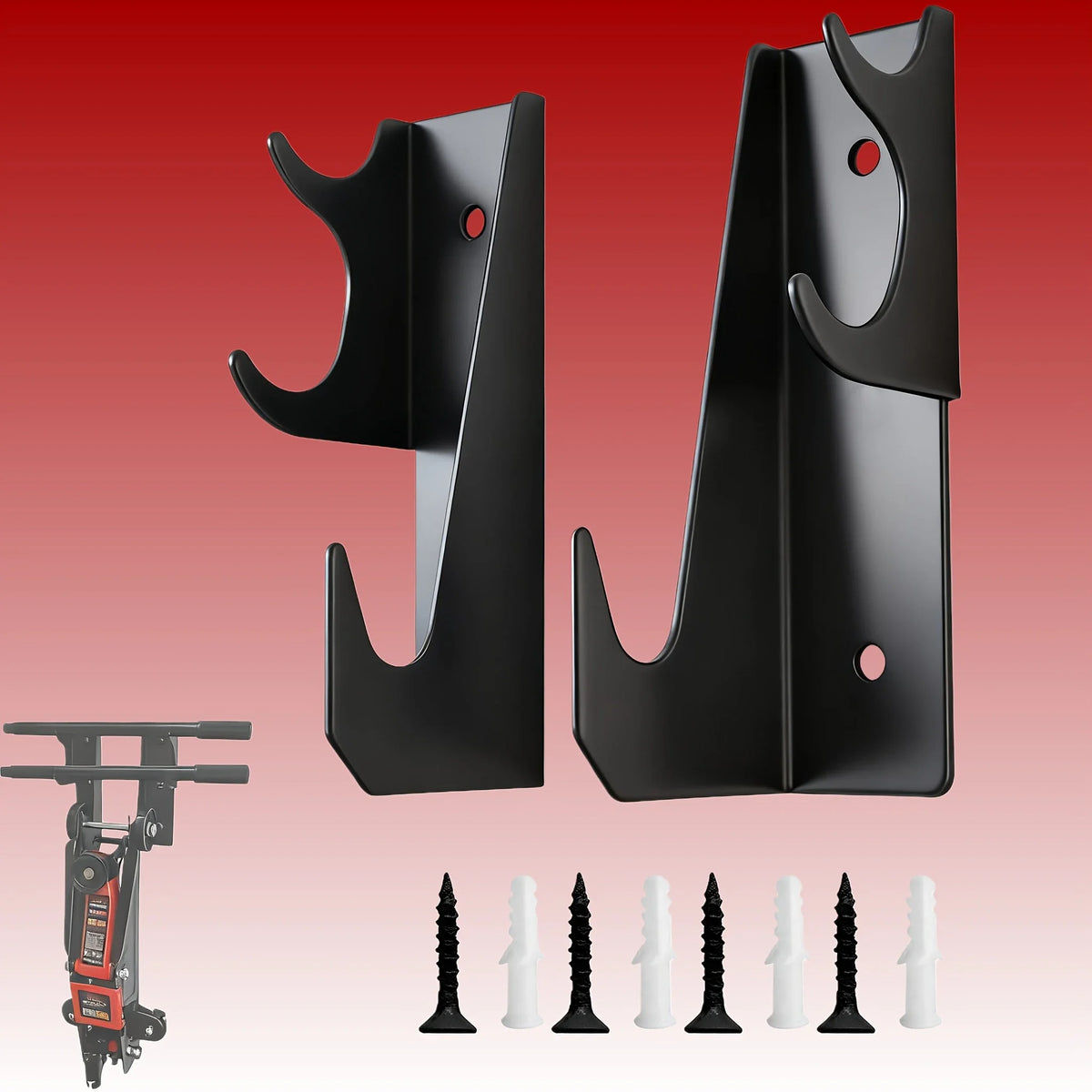 Two black heavy-duty metal floor jack stands are shown against a red background with various sizes of metal spikes below.