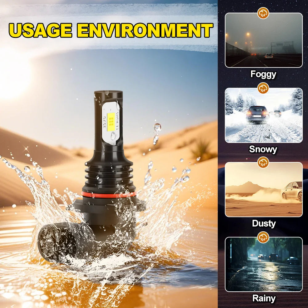 A high-intensity HID Xenon bulb is shown being tested in various weather conditions including foggy, snowy, dusty, and rainy 