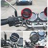 Close-up view of a motorcycle dashboard featuring an Aveise Bluetooth speaker system with FM radio and USB controls.