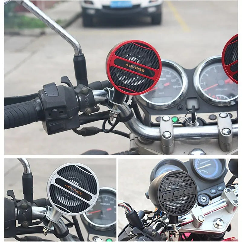 Close-up view of a motorcycle dashboard featuring an Aveise Bluetooth speaker system with FM radio and USB controls.