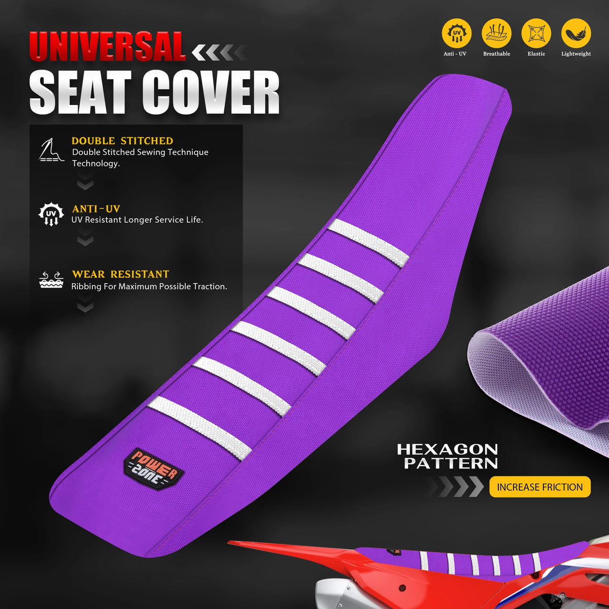 Purple universal motorcycle seat cover with a hexagon pattern and white stripes shown on a motorcycle.