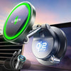 A close-up of a MagSafe car wireless charger with a suction mount and a separate green LED listening device.