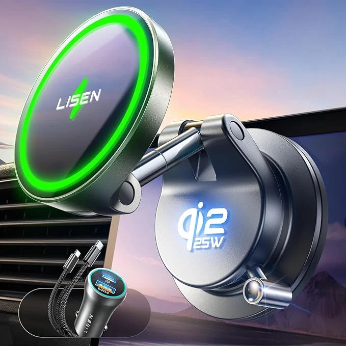 A close-up of a MagSafe car wireless charger with a suction mount and a separate green LED listening device.